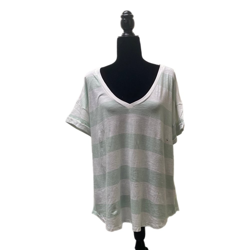 C22 Maurice’s 24/7 Mint Green and White Striped V-neck T-shirt, 1X, NWT